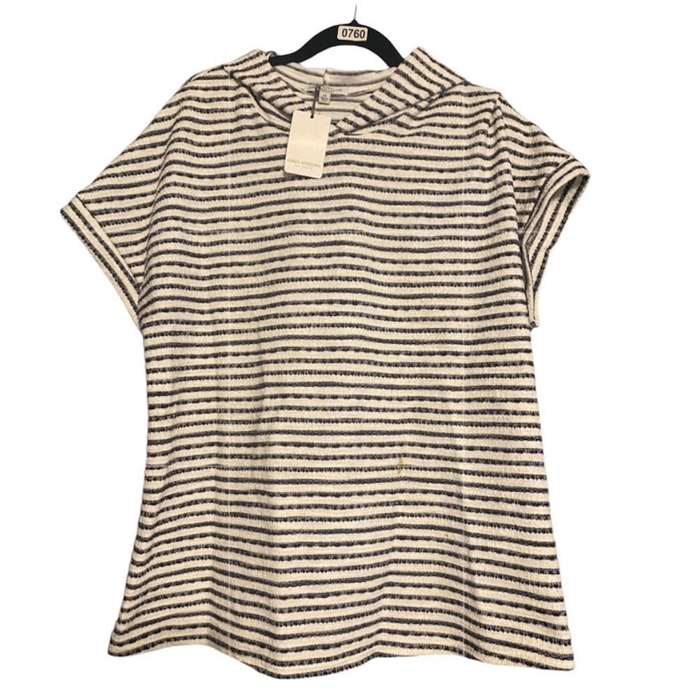 Green Envelope White /navy stripe short sleeve hooded blouse